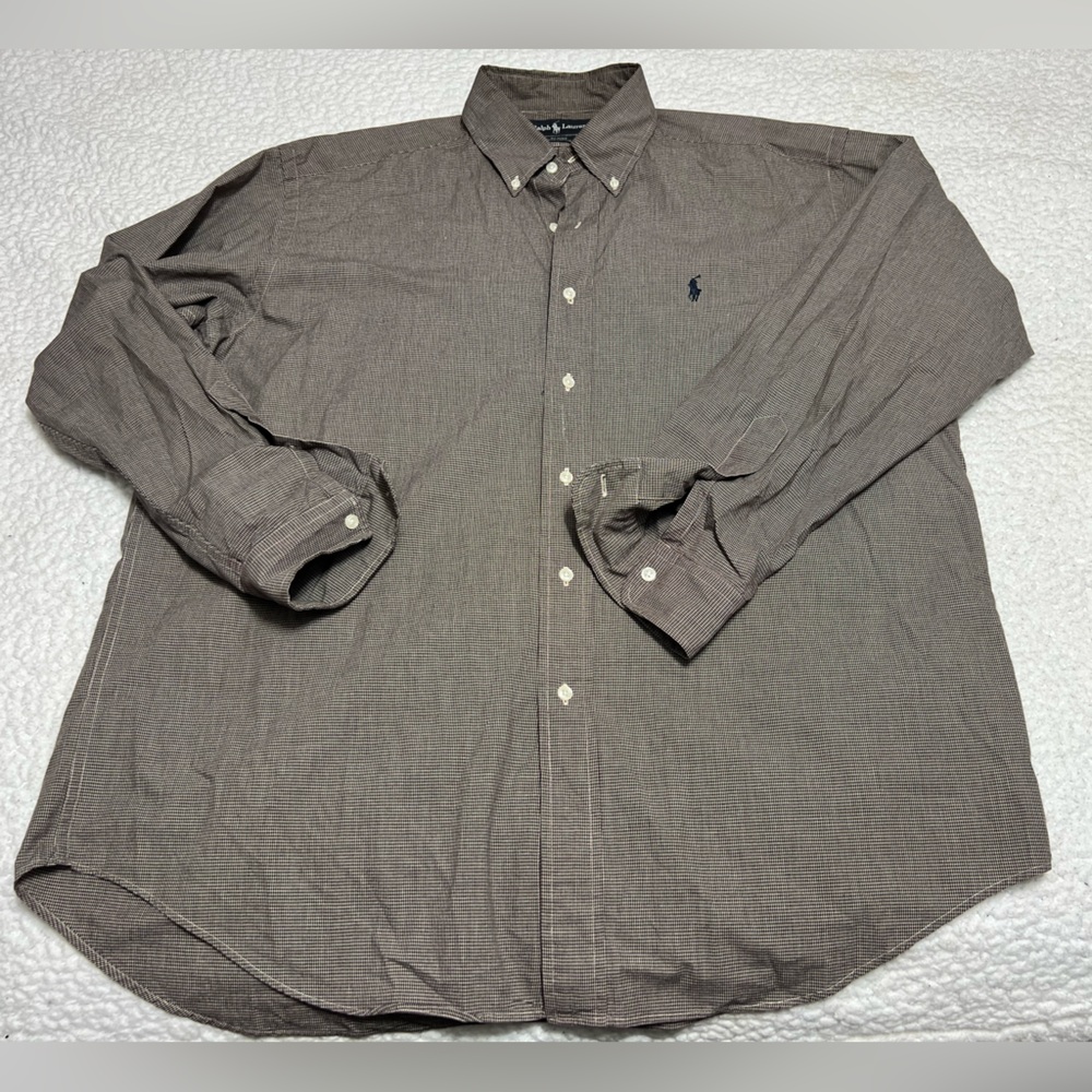 Ralph Lauren Blaire L Button Down Shirt Men's Brown White Micro Check Pony Logo